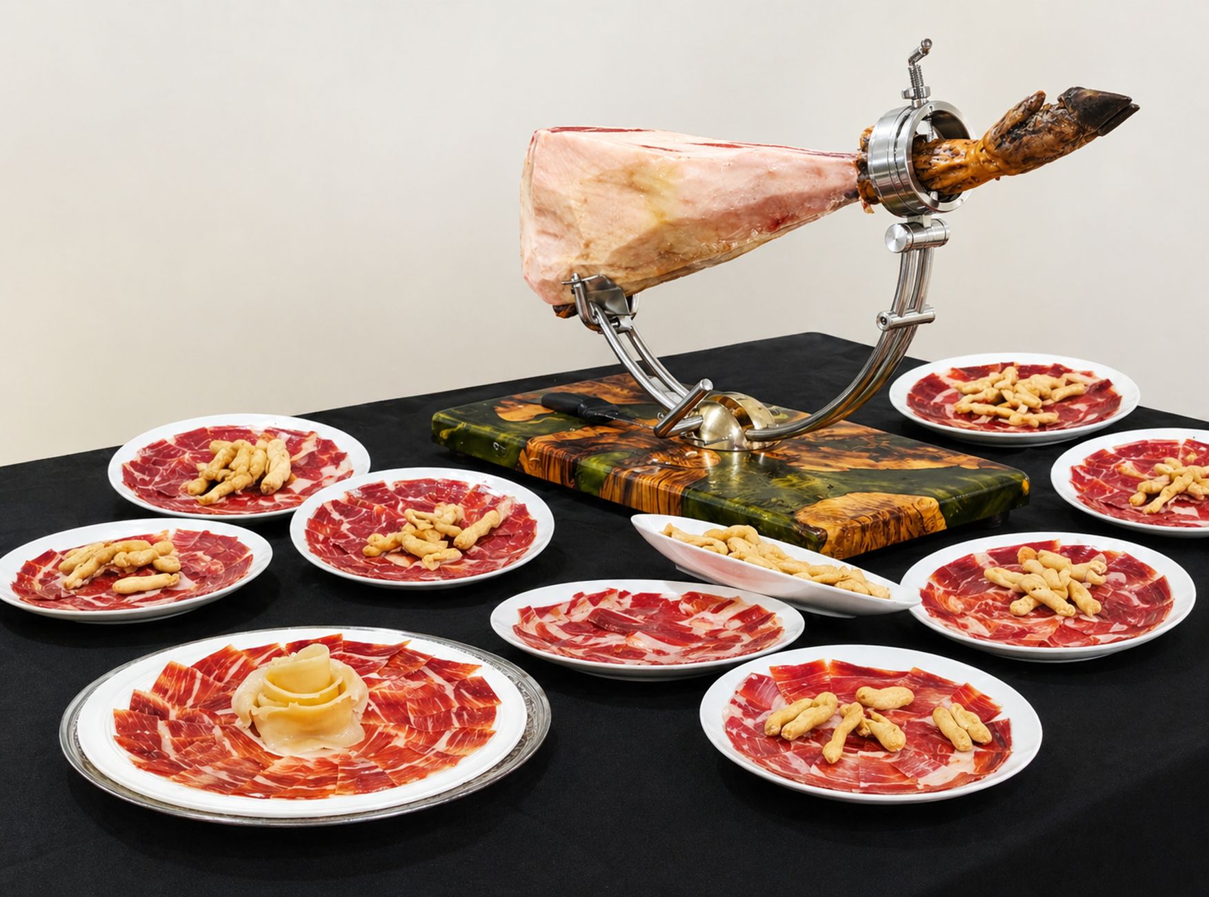 Elegante presentación de jamón serrano español en platos con palitos de pan, perfecta para una cena gourmet.
