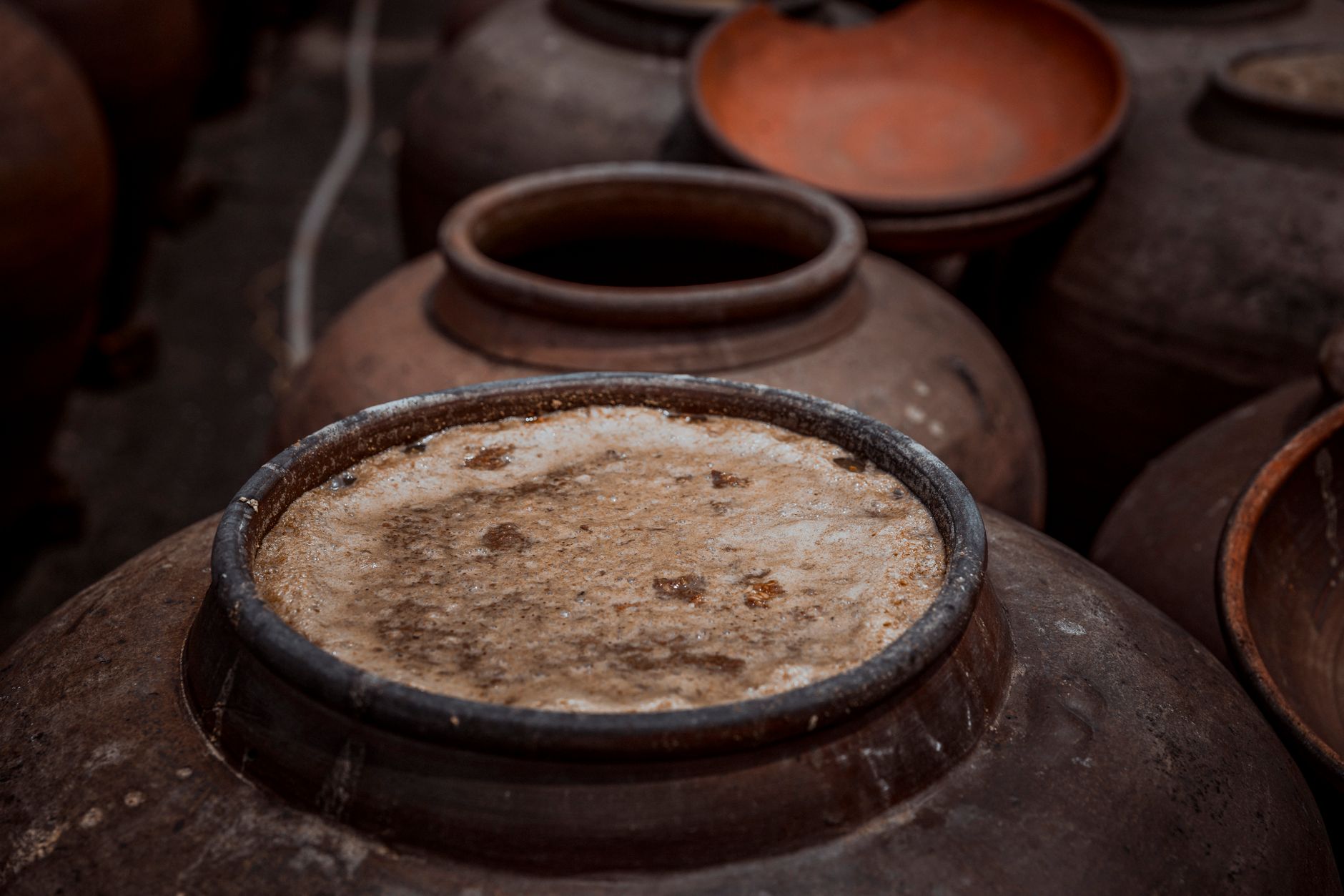 Primer plano de ollas de cerámica rústicas con fermentación visible, mostrando técnicas tradicionales de alfarería.